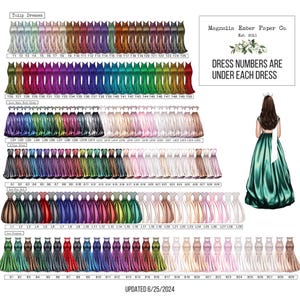 Op de afbeelding: Een tabel met 89 verschillende gekleurde bruidsmeisjesjurken met nummers onder elke jurk. De tabel is getiteld "Tulip Dresses". De tekst "Magnolia Ember Paper Co. Est. 2013" staat in de rechterbovenhoek van de tabel. De tekst "DRESS NUMBERS ARE UNDER EACH DRESS" staat in de rechterbovenhoek van de tabel. De tekst "UPDATED 6/25/2024" staat onderaan de tabel.
