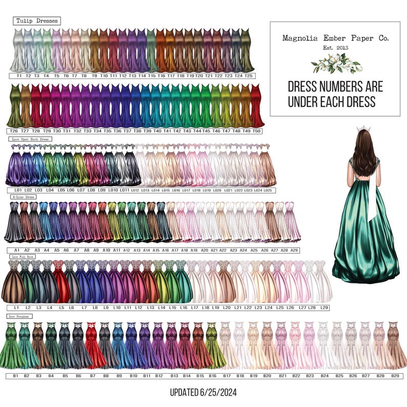Op de afbeelding: Een tabel met 89 verschillende gekleurde bruidsmeisjesjurken met nummers onder elke jurk. De tabel is getiteld "Tulip Dresses". De tekst "Magnolia Ember Paper Co. Est. 2013" staat in de rechterbovenhoek van de tabel. De tekst "DRESS NUMBERS ARE UNDER EACH DRESS" staat in de rechterbovenhoek van de tabel. De tekst "UPDATED 6/25/2024" staat onderaan de tabel.