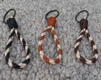 5" Leather Keychain Key Fob Braided Leather (Barber Pole Stripe)