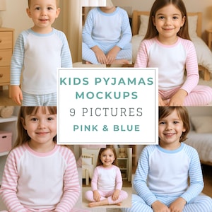 May include: A mockup featuring children's pajamas in pink and blue. The pajamas have long sleeves and are striped on the sleeves and pants. The text in the image reads "KIDS PYJAMAS MOCKUPS 9 PICTURES PINK & BLUE."