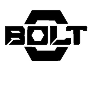 May include: Bold black graphic of the word "BOLT" in a futuristic, geometric font. The letters are blocky and angular, with a hexagonal shape incorporated into the design. The background is plain white.