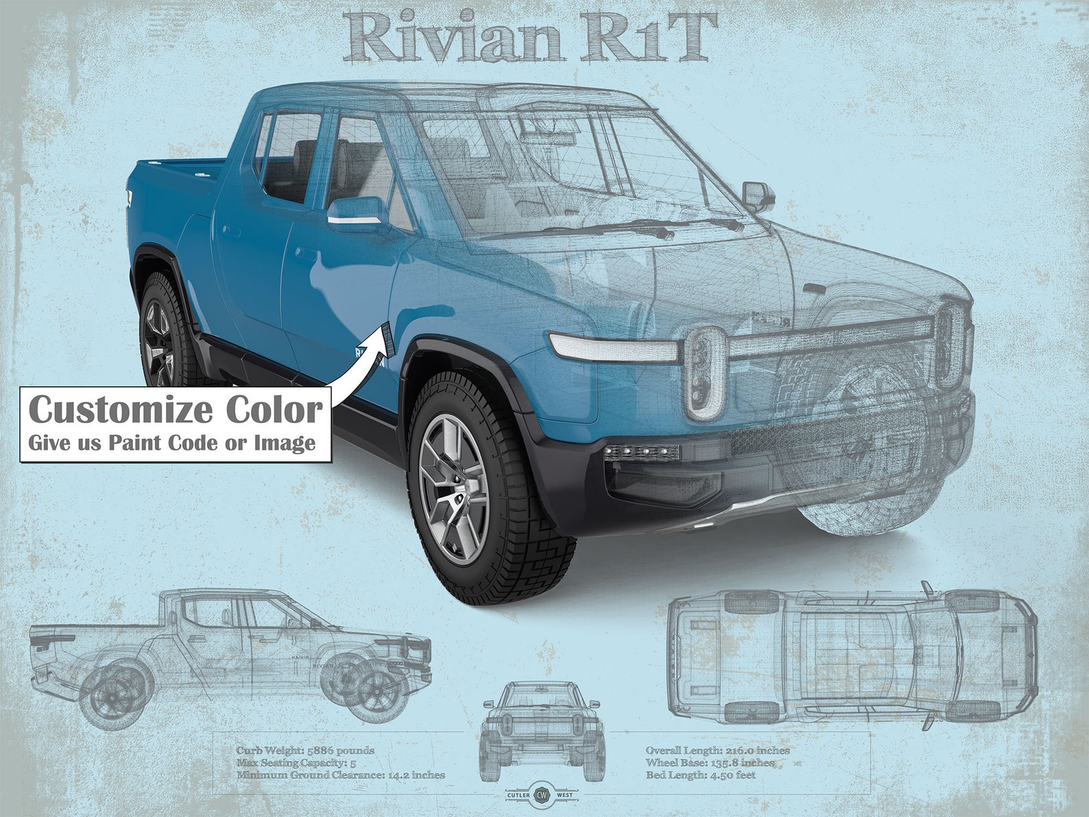 Rivian R1T Electric Truck Vintage Blueprint Print  Etsy
