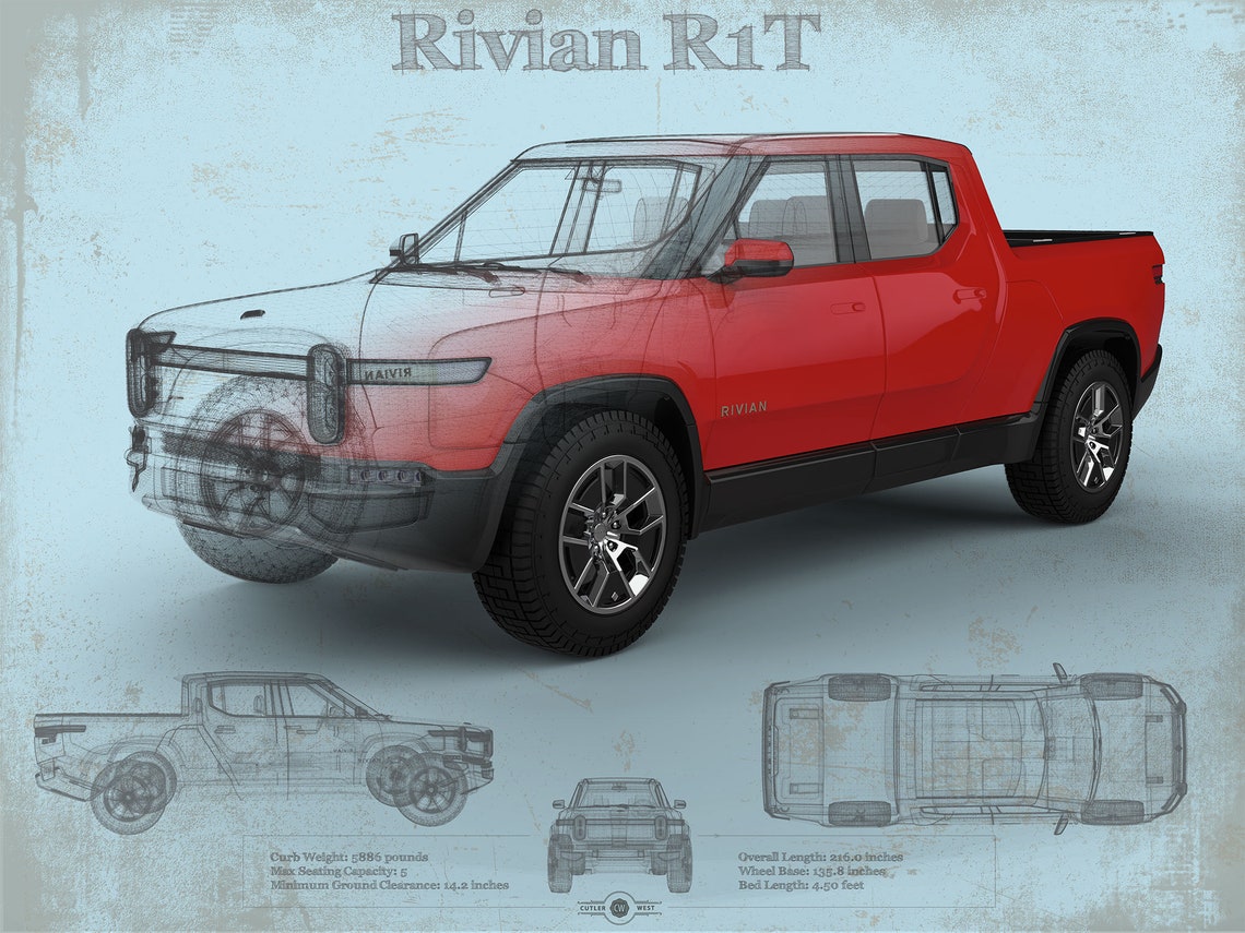 Rivian R1T Elektro LKW Red Canyon Vintage Blaupause Druck