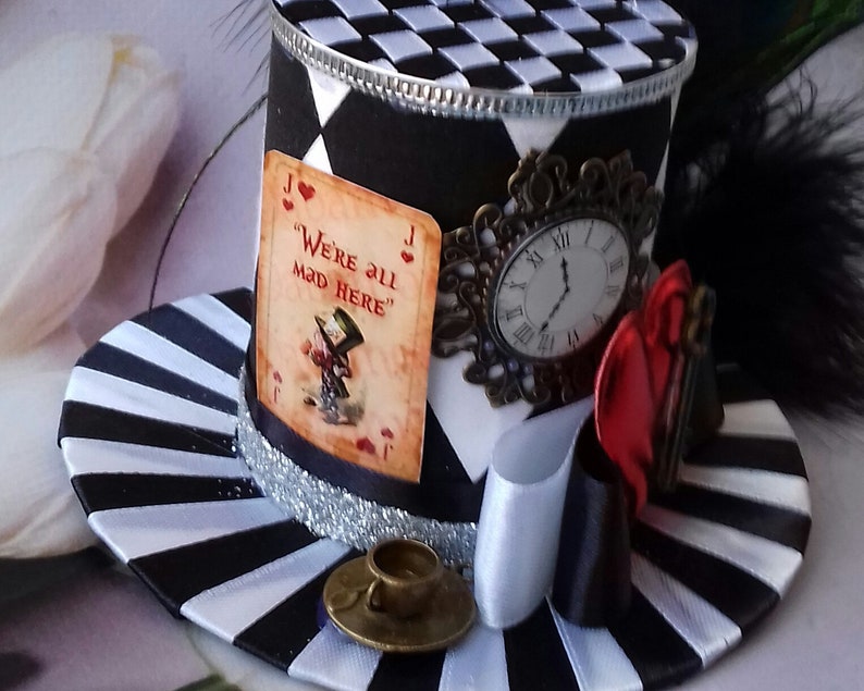 Headband Alice in Wonderland Mad hatter hat Woman mini top hat Tea party hat White Black mini top hat Mini top hat Centerpiece