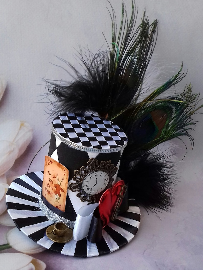 Headband Alice in Wonderland Mad hatter hat Woman mini top hat Tea party hat White Black mini top hat Mini top hat Centerpiece