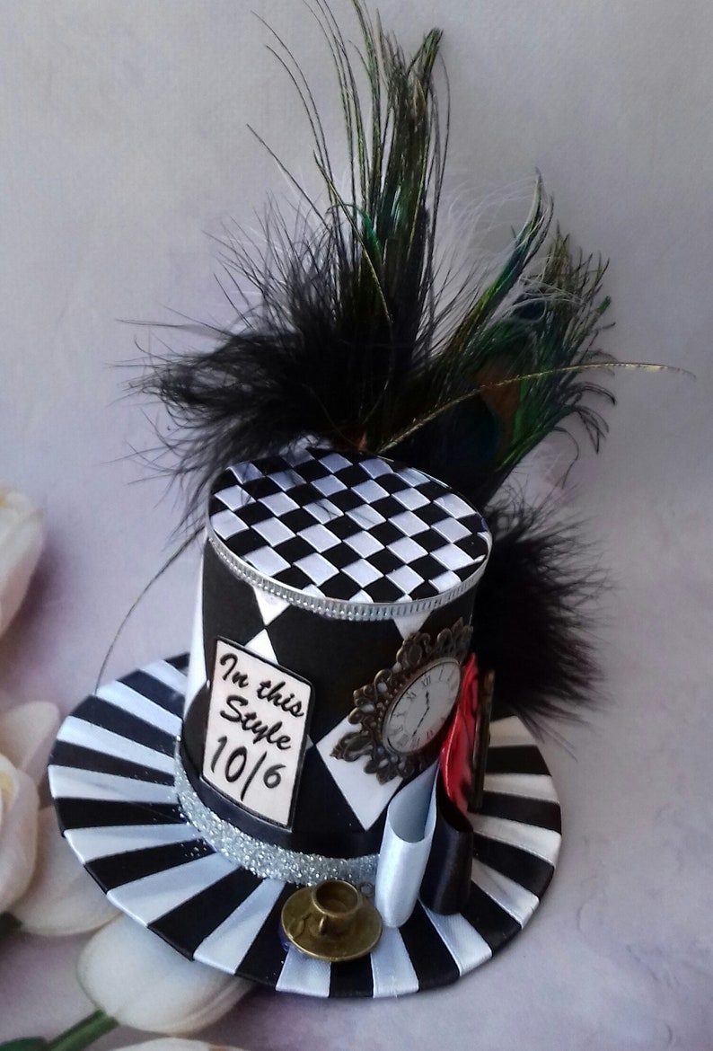Headband Alice in Wonderland Mad hatter hat Woman mini top hat Tea party hat White Black mini top hat Mini top hat Centerpiece