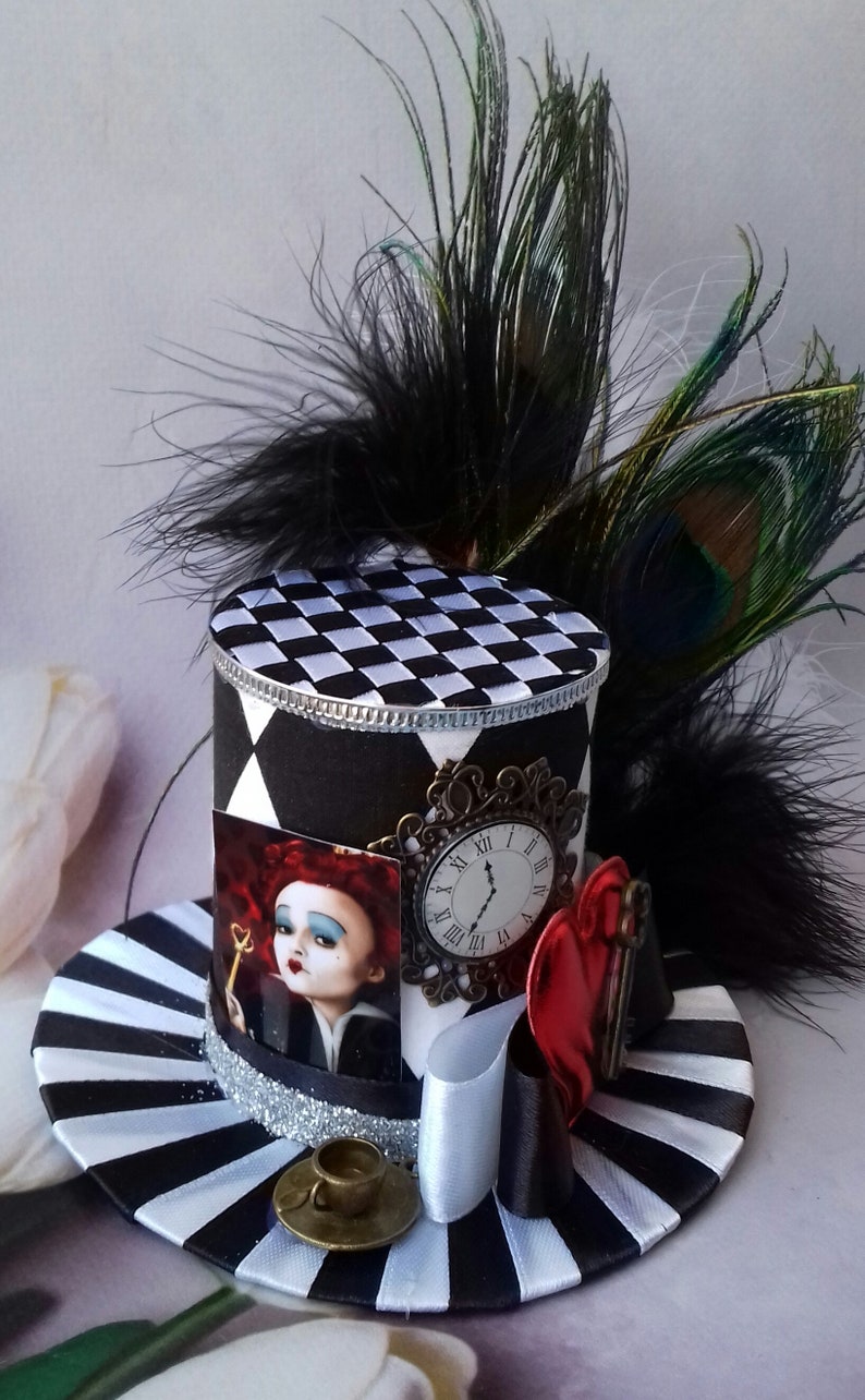 Headband Alice in Wonderland Mad hatter hat Woman mini top hat Tea party hat White Black mini top hat Mini top hat Centerpiece