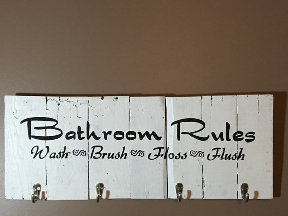Items similar to Rustic sign 'Bathrooms Rules', Towel holder, Towel