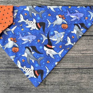 Puede incluir: Bandana para perro azul y naranja con un patrón de tiburón de Halloween. La bandana tiene un fondo azul con tiburones blancos que llevan sombreros de bruja y sombreros de pirata. Los tiburones están rodeados de maíz dulce y calabazas naranjas.