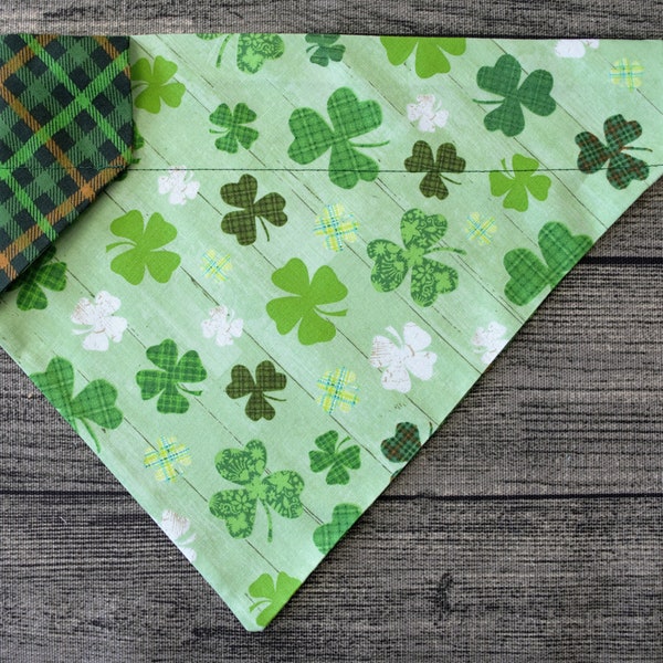 St Patricks Dog Bandana - Over The Collar - Plaid & Shamrocks - Lucky Clover