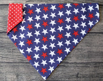 Patriotic Summer Dog Bandana - Over the Collar,  Red White & Blue Stars -4th July, Flag , Summer BBQ, Picnic, American