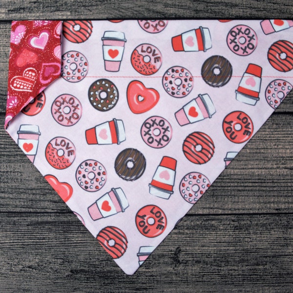 Valentine Dog Bandana-Over the Collar- Hearts Coffee & Donuts - Love Anniversary Will you Marry Me!