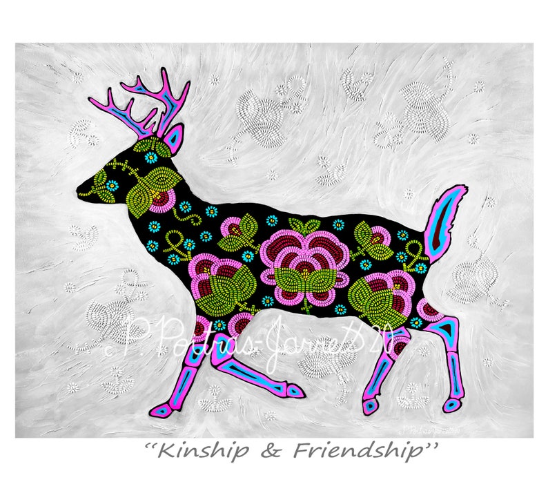 Deer Artwork, Deer Art Prints, Deer Wall Art, Metis Beadwork Art Designs, Woodland Animals, Indigenous Arts, Metis Arts image 1