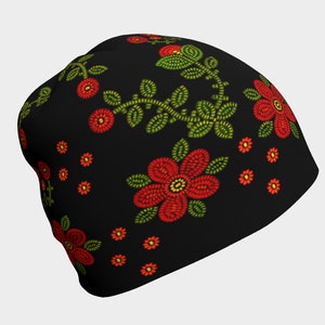Metis Spirit Beanie Hat, Red & Black Floral, Hat, Beanie, Hat for all ages, Healing Gift, Floral Headwear, Beanie Hat, Get Well Soon Gift