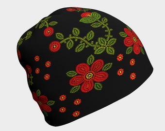Metis Spirit Beanie Hat, Red & Black Floral, Hat, Beanie, Hat for all ages, Healing Gift, Floral Headwear, Beanie Hat, Get Well Soon Gift