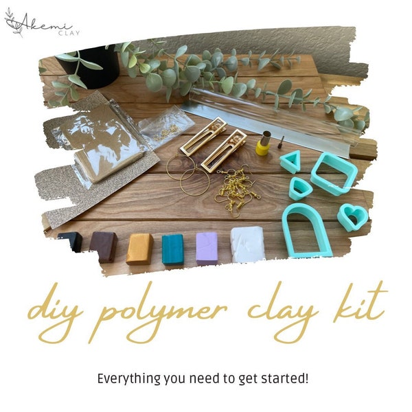 DIY Polymer Clay Earrings Kit / All supplies included / 8 different colors of clay / Barrettes / Blades, Cutters, Sandpaper, Acrylic Roller