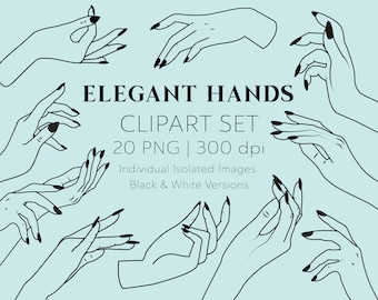 Elegant Hands Clip Art Set, 20 PNG and Vector digital Lineart Drawings, illustrations, Social media icons, Branding, Commercial License