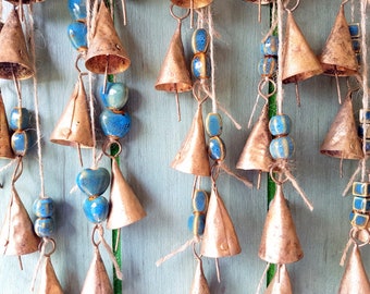 Bells on string with TEAL BLUE ceramic beads, Homemade Windchime, Bells on a string, nursery baby boy room wall decor, ocean sea beach decor