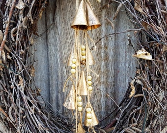 Bells on a string with GOLD spacer beads, hanging Windchime, Christmas tree decor, wreath with bells, wall decor, front door cow bell decor
