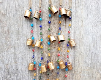 ONE colorfull windchime with rustic cow bells on a metal chain string with recycled colored glass beads, garden decor, wall hanging handmade