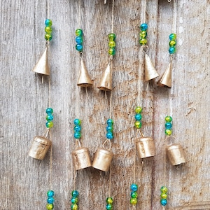 One Windchime with bells, String with bells, Bohemian wall hanging, Whimsical, rustic farmhouse, homemade wind chime, outdoor interior decor