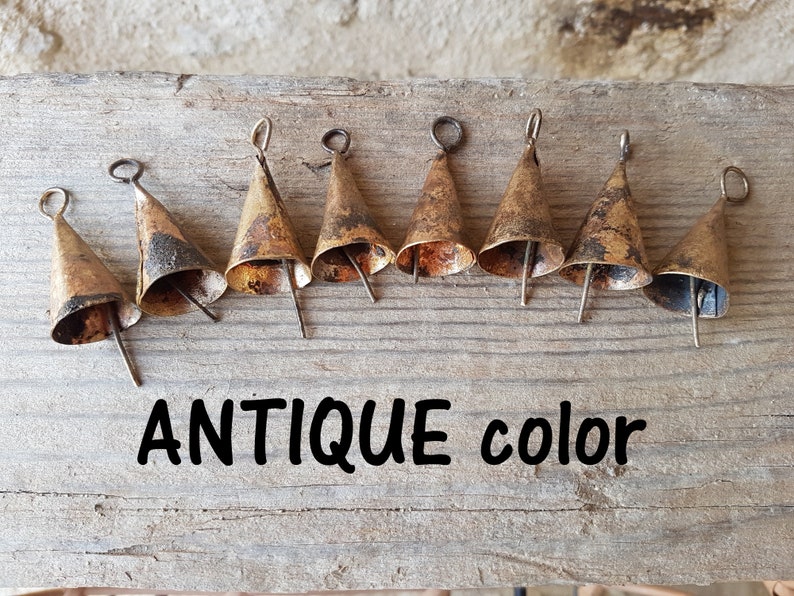 8 CONE shaped Rustic gold Bells, Supply Windchime Vintage Retro Boho Bohemian Tiny handmade Indian cow bell reggae door hanger doorbell DIY image 4