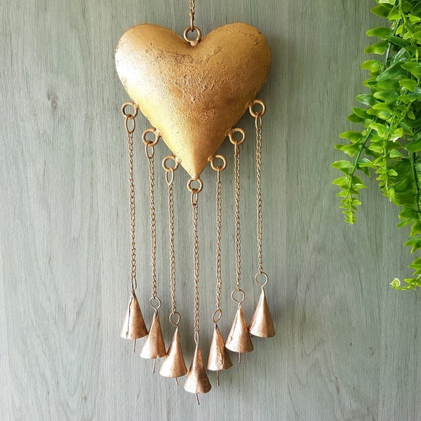 Large Bronze Heart shaped Mobile, Suncatcher, hanging wall hanging, Cow Bell windchime, Wedding gift, rustic vintage, brass gold, industrial