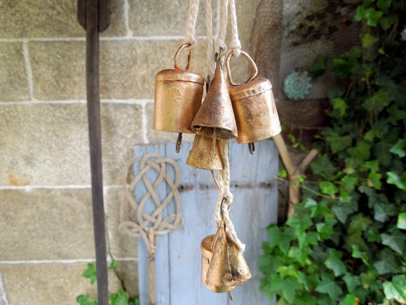 8 CONE shaped Rustic gold Bells, Supply Windchime Vintage Retro Boho Bohemian Tiny handmade Indian cow bell reggae door hanger doorbell DIY image 6