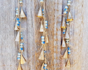 Bestseller, Bells on a string with BLUE ceramic crackle beads, Windchime, Door Hanger, Vintage, Boho Ethnic, Bohemian, bronze brass gold