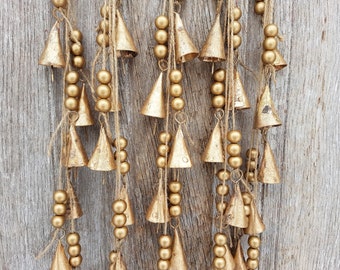 One windchime, bells on a string, Rustic Door Hanger, Vintage Cow Bell, Ethnic, Boho, feng shui, gold bronze wall hanging, natural wood bead