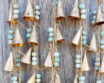 One Windchime with cow bells and LIGHT BLUE ceramic crackle beads, Homemade mobile, musical nursery baby boy room wall decor, new born gift