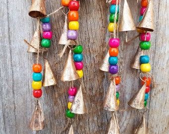 Colorful Windchime, Happy color wooden beads, recycled metal cow bells, brass bronze gold cattle bells, suncatcher, mobile, wall decor