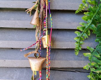 Ethnic hippie Windchime with bells, door chime, Wall hanging, Color Suncatcher, Musical doorhanger, Nepal cord, tassels, sisal hemp string