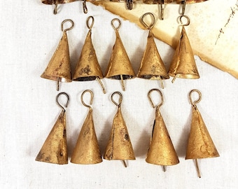 8 CONE shaped Rustic gold Bells, Supply Windchime Vintage Retro Boho Bohemian Tiny handmade Indian cow bell reggae door hanger doorbell DIY