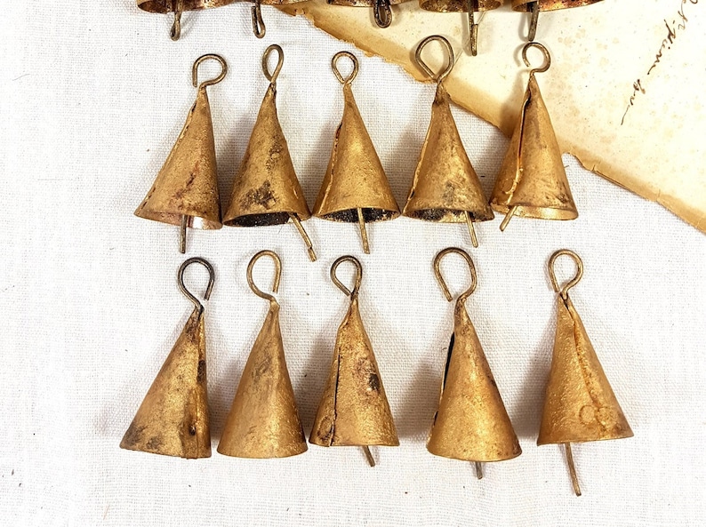 8 CONE shaped Rustic gold Bells, Supply Windchime Vintage Retro Boho Bohemian Tiny handmade Indian cow bell reggae door hanger doorbell DIY image 1