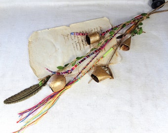 Ethnic hippie Windchime with bells, door chime, Wall hanging, Color Suncatcher, Musical doorhanger, Nepal cord, tassels, sisal hemp string