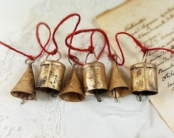 Bells on wine red sisal hemp string, small mixed bells Windchime Vintage Tiny handmade India cow bell door hanger doorbell cord christmas