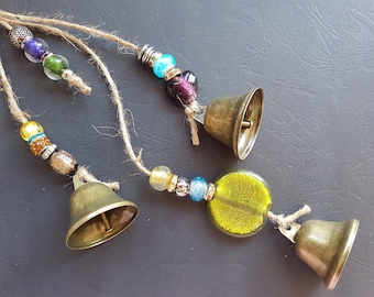Witch bells with glass colorfull beads, Windchime, Window Suncatcher, Door bell, Door hanger, Chime with 3 brass bells, Door hanger carillon