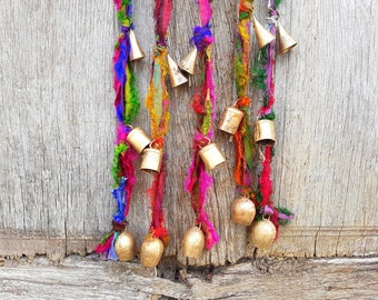 1 Chime with 3 bells, Door hanger, Window Suncatcher, carillon, bronze metal cattle cow bells, Sari silk yarn, Homemade, handmade mom friend