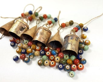 Small Mixed Bells Windchime Ceramic Clay Crackle Beads Vintage cow hemp rope handmade Indian cow mug natural door hanger doorbell wind chime