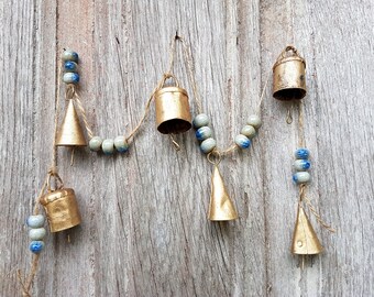 Bells on a string with BLUE ceramic crackle beads, Windchime, Farmhouse Door Hanger, Vintage, Boho Ethnic, Bohemian, bronze brass gold