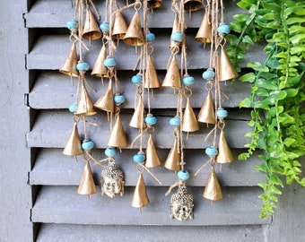 Windchime with golden cow bells combined with crackle turquoise and silver beads and a large silver buddhahead, Musical Mobile, carillon