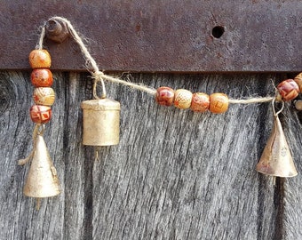 Mixed cow bells Windchime with wood pattern beads, Vintage sisal hemp rope handmade India natural doorhanger doorbell porch room wall decor