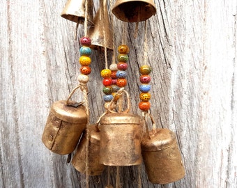 Bells Windchime, bells on string, colorfull windchime, string of bells, chime brass bells string, hanging bells, bells of sarna vintage bell