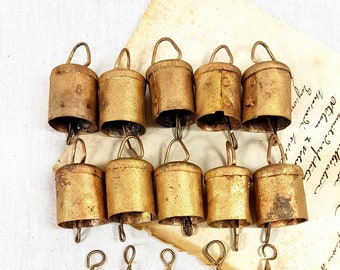 set 7 Small Brass Bells Mug Cow Supply Windchime Vintage Retro Boho Bohemian Tiny handmade Indian cow bell reggae door hanger doorbell DIY