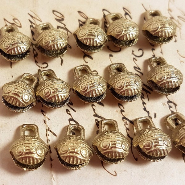 20 small brass Tiger Head Jingle Bells from Nepal, Vintage Rustic Windchime Tribal Boho Tiny gypsy supply tinkle good luck cat dog pet SS