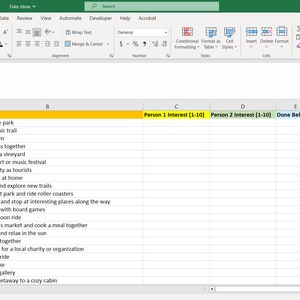 May include: A spreadsheet with a list of ideas for activities, with columns for interest level, whether it's been done before, and the date it was last done.