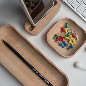 Beechwood Pen Tray, Wood Pencil Holder for Desk, Key Tray, Wooden Desk Organizer, Office Desktop Accessories, Work From Home, New Job Gift image 4