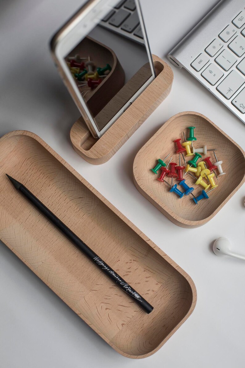 Beechwood Pen Tray, Wood Pencil Holder for Desk, Key Tray, Wooden Desk Organizer, Office Desktop Accessories, Work From Home, New Job Gift image 4