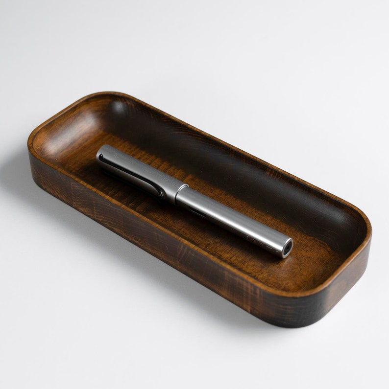 Beechwood Pen Tray, Wood Pencil Holder for Desk, Key Tray, Wooden Desk Organizer, Office Desktop Accessories, Work From Home, New Job Gift Walnut
